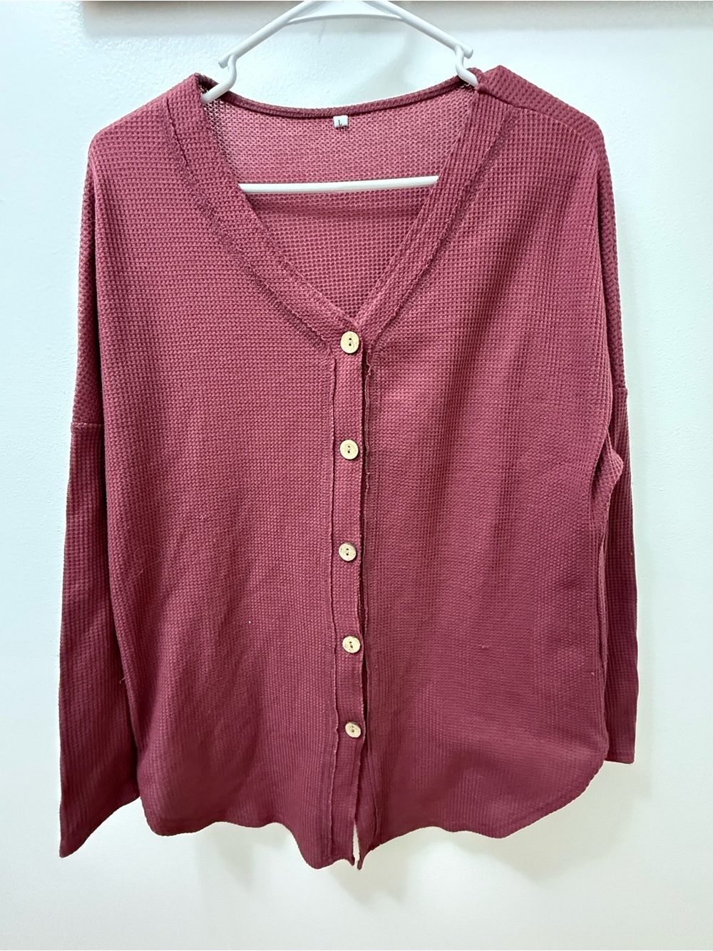 Button-Front Waffle Knit V-Neck shirt long sleeve size large